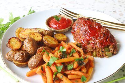 One Pan Mini Meatloaf with Roasted Potatoes & Honey Glazed Carrots, Food Styling & Photography | Chatter Marketing, Tulsa Oklahoma