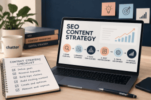 A laptop displaying an SEO content strategy presentation with a bar chart, alongside a content strategy checklist notebook on a desk with marketing books in the background